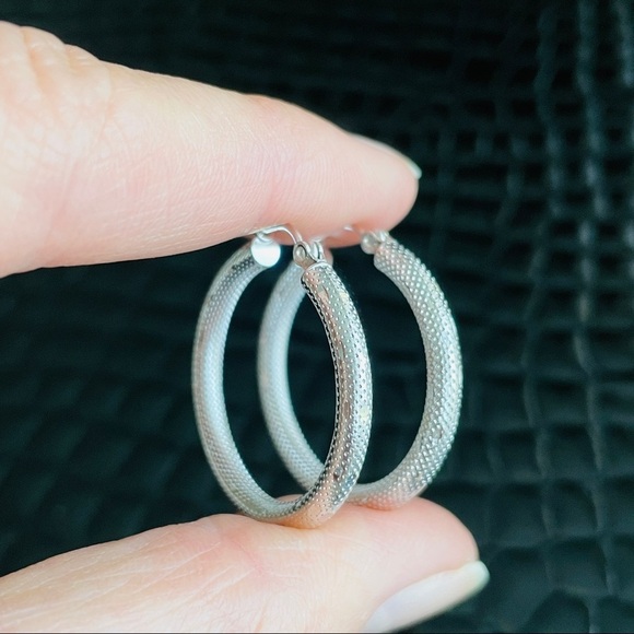 14K White Gold JAW Signed Textured Mesh Diamond Cut Hoop Earrings